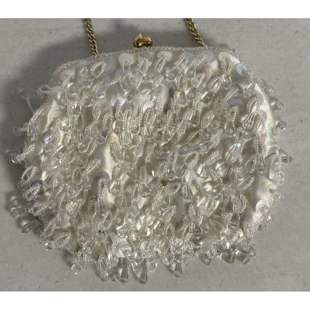 Vintage Looped Beads White Purse Hong Kong Gold Short Strap Chain - Picture 1 of 6